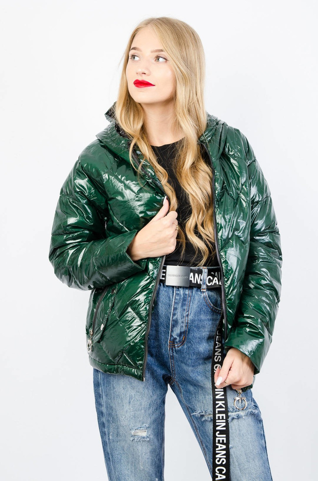 ZIELONA BŁYSZCZĄCA KURTKA Z KAPTUREM