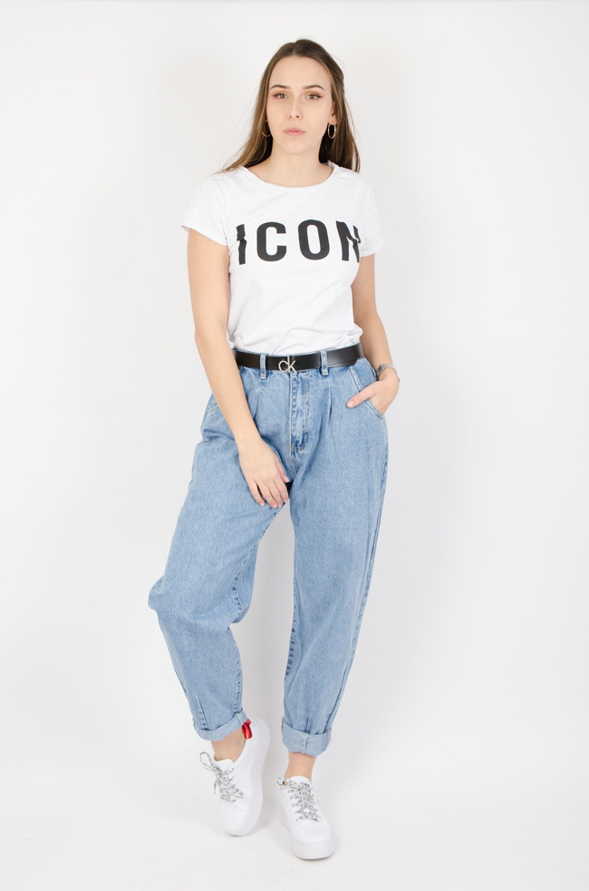 Jasne spodnie typu balloon jeans z wysokim stanem