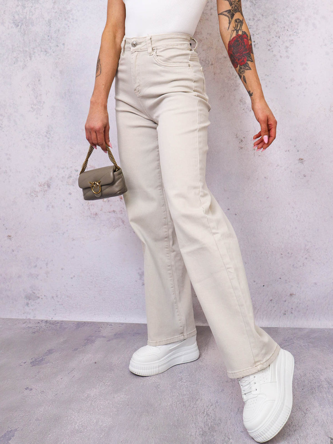 BEŻOWE SPODNIE JEANSOWE Z SZEROKIMI NOGAWKAMI