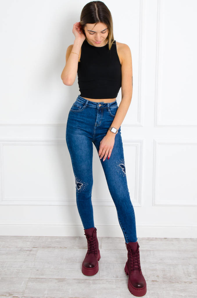 SPODNIE JEANSOWE SKINNY Z OZDOBNĄ APLIACJĄ NA NOGAWKACH