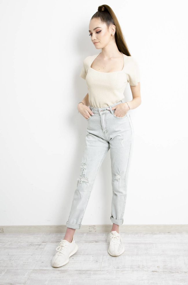 T-SHIRT SWETERKOWY W KOLORZE BEŻOWYM