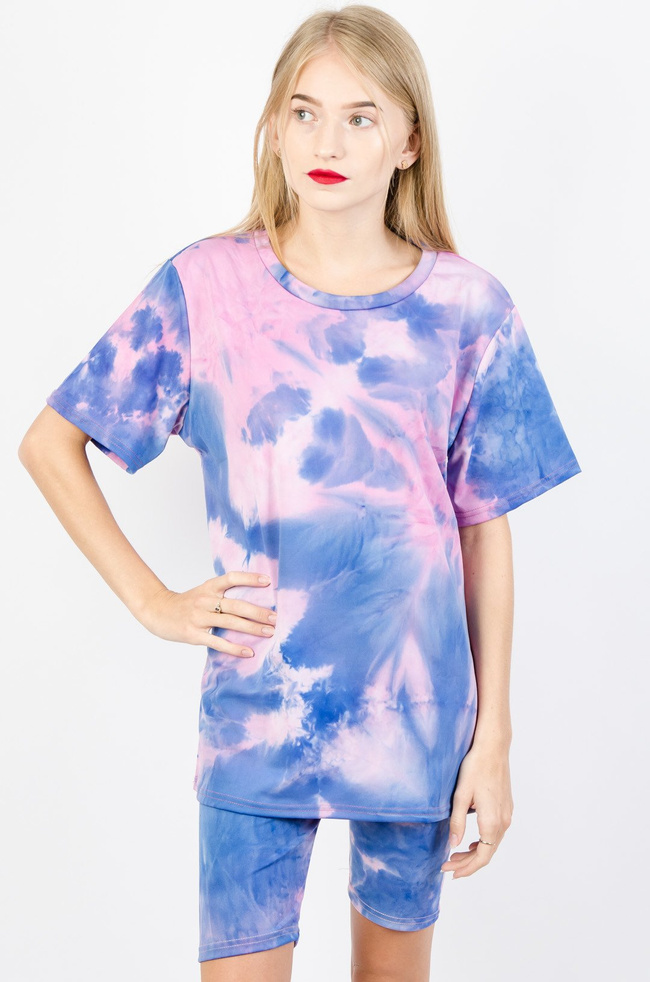 FIOLETOWY KOMPLET T-SHIRT + KOLARKI Z EFEKTEM TIE DYE