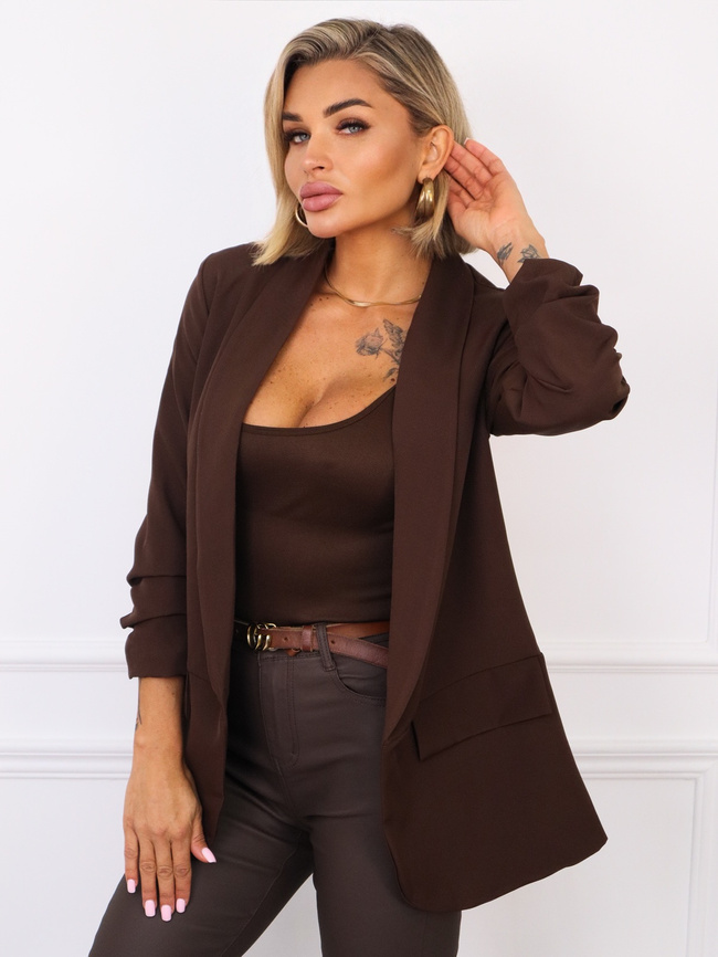 MARYNARKA BEZ ZAPIECIA Z MARSZCZONYMI RĘKAWAMI- CZEKOLADOWA