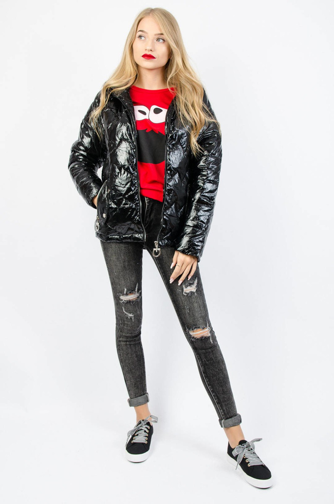 CZARNA BŁYSZCZĄCA KURTKA Z KAPTUREM