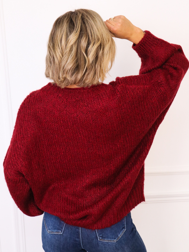 SWETER OVERSIZE Z WARKOCZOWYM SPLOTEM Z PRZODU- BORDOWY
