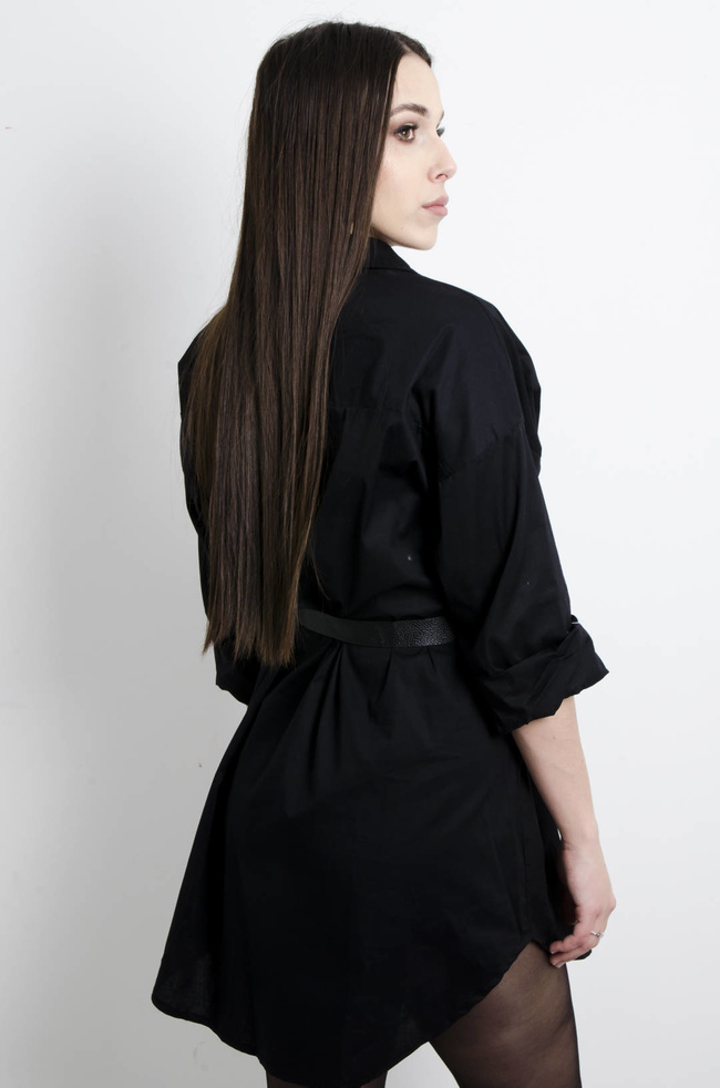 KOSZULA DŁUGA Z PASKIEM I SASZETKĄ- CZARNA