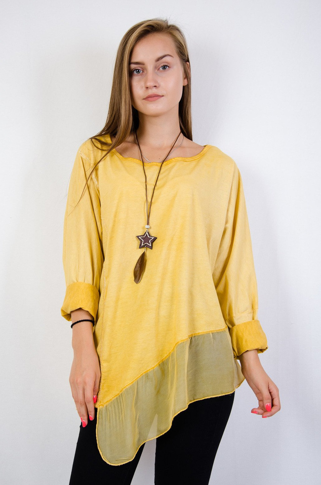 Żółta asymetryczna bluzka z tiulowym dołem oraz wisiorkiem w komplecie