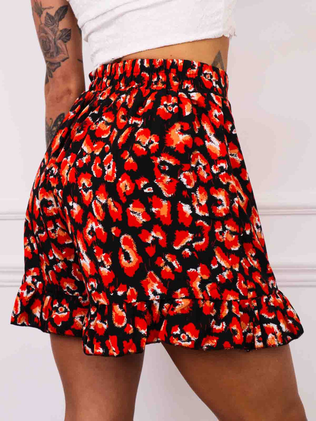 SPÓDNICO-SPODENKI W PANTERKĘ Z FALBANAMI I WIĄZANIEM W PASIE- CZERWONE