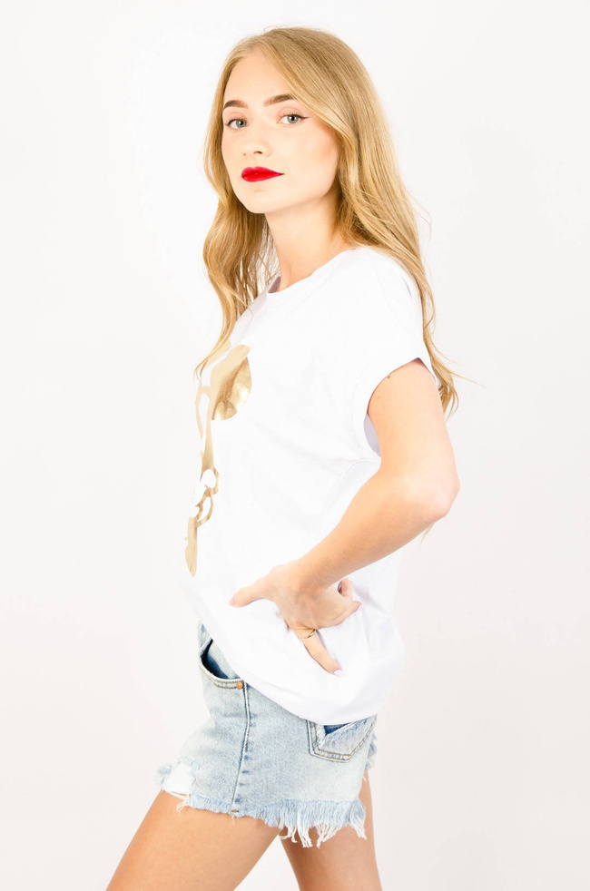 BAŁY T-SHIRT ZE ZŁOTYM NADRUKIEM