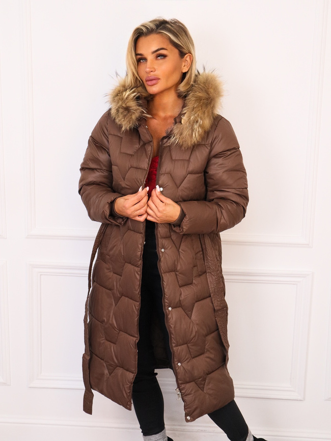DŁUGA PIKOWANA KURTKA Z FUTERKIEM I PASKIEM- CZEKOLADOWA
