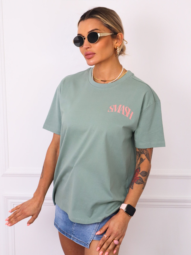 T-SHIRT Z RÓŻOWYM NAPISEM Z PRZODU I NA PLECACH- ZIELONY