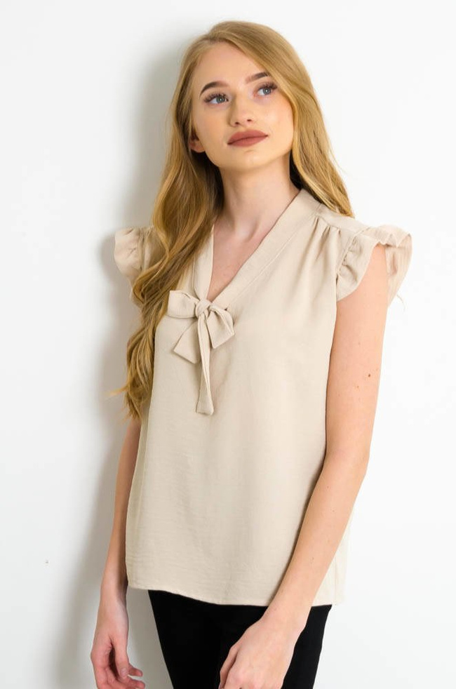 BEŻOWA ELEGANCKA BLUZKA KOSZULOWA Z WIĄZANIEM 