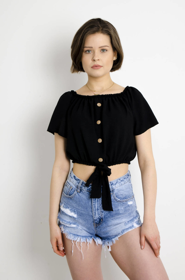 BLUZKA HISZPANKA Z WIĄZANIEM - CZARNA 