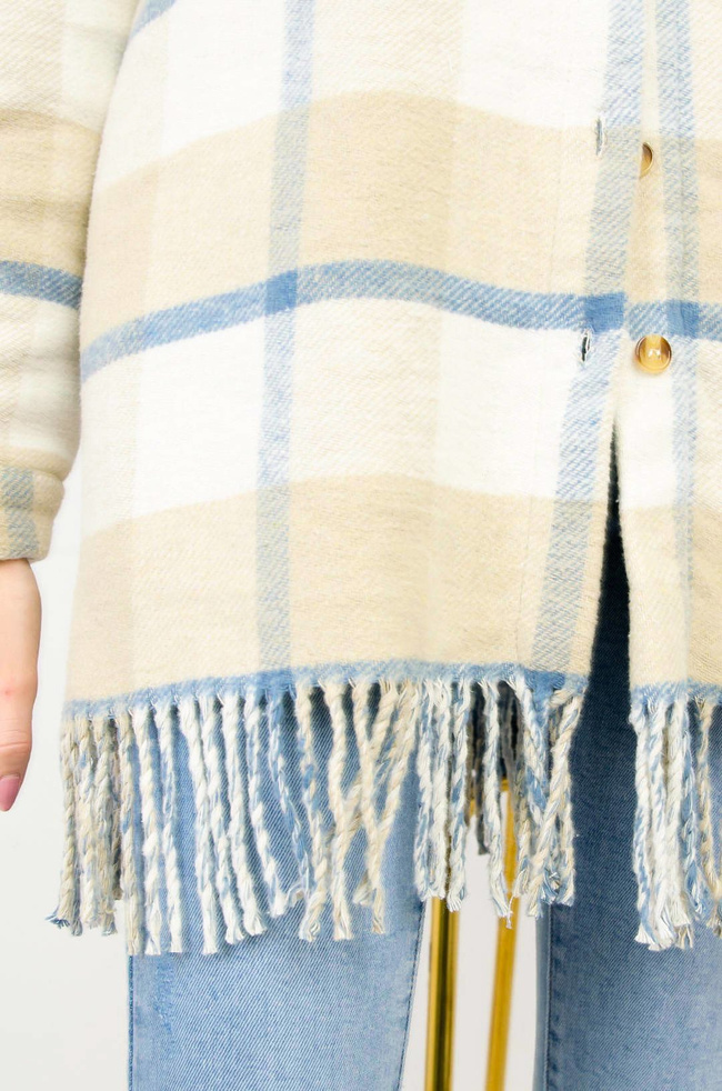 BEŻOWO-NEBIESKO-BIAŁY PŁASZCZ W KRATĘ Z FRĘDZLAMI