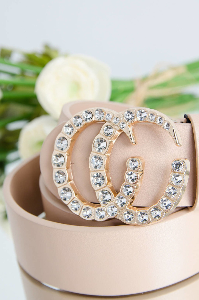 BEŻOWY SZEROKI PASEK -ZŁOTA KLAMERKA Z CYRKONIAMI