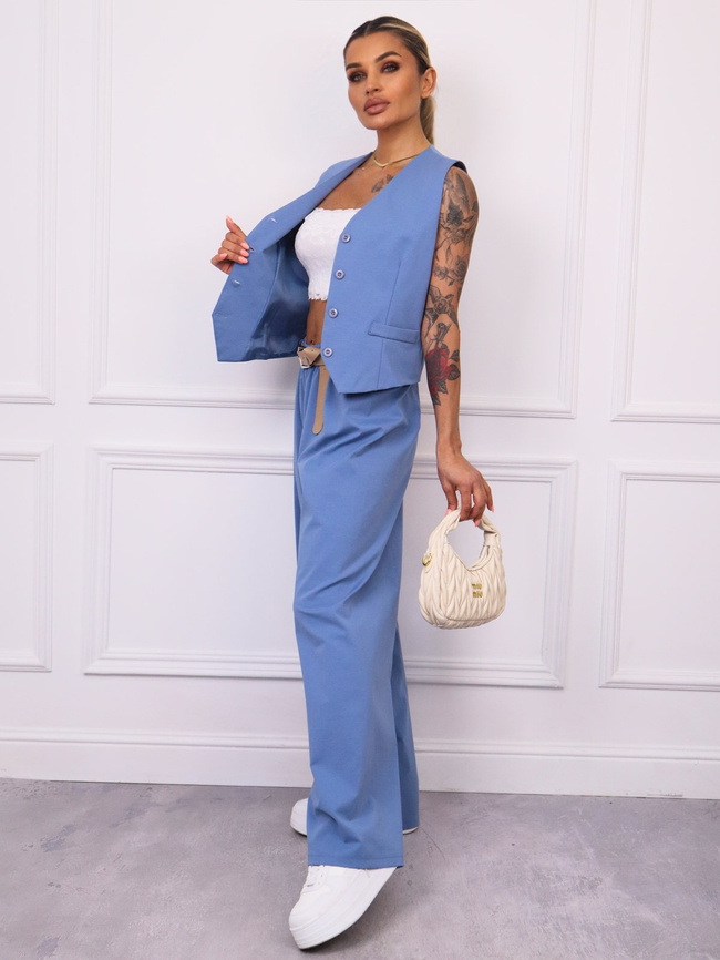 KOMPLET KAMIZELKA+ SPODNIE Z SZEROKIMI NOGAWKAMI I PASKIEM- NIEBIESKI