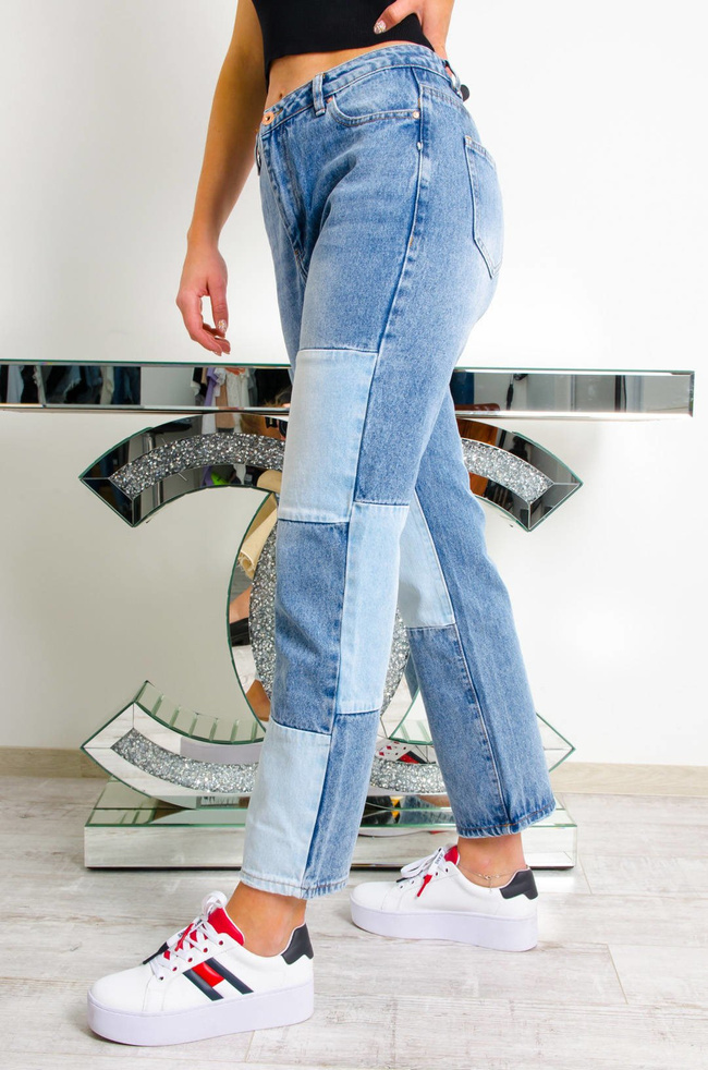 PATCHWORKOWE JEANSY TYPU STRAIGHT LEG-WYSOKI STAN