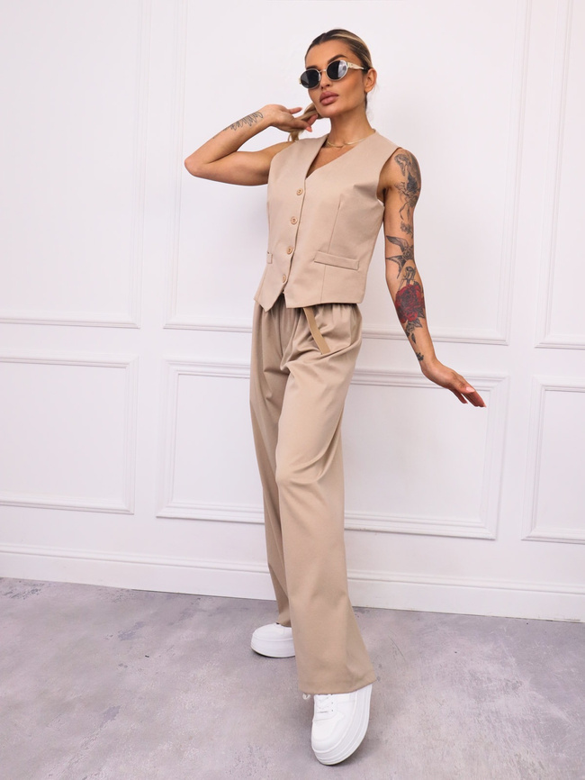 KOMPLET KAMIZELKA+ SPODNIE Z SZEROKIMI NOGAWKAMI I PASKIEM- CIEMNOBEŻOWY