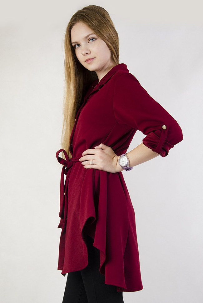 Bordowa tunika z wiązaniem w pasie