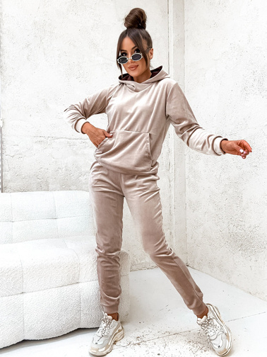 WELUROWY KOMPLET DRESOWY BLUZA Z KAPTUREM+ SPODNIE- BEŻOWY