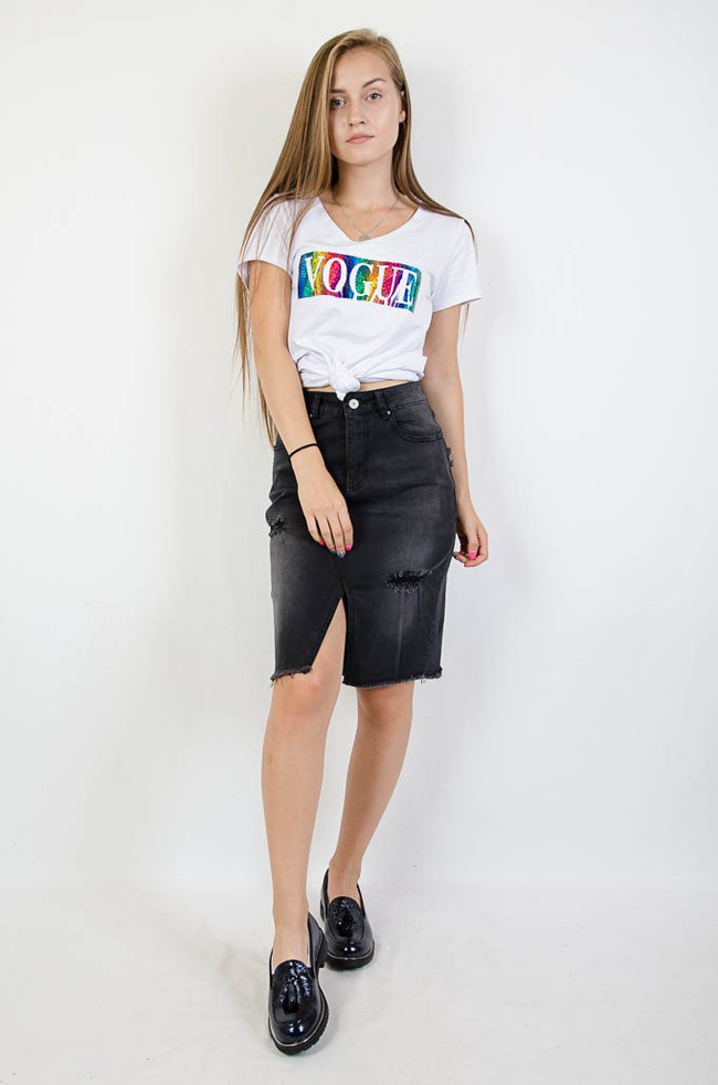 Ciemnoszara ołówkowa spódnica z rozporkiem z przodu oraz przetarciami