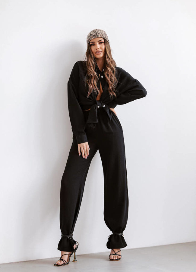 LNIANY KOMPLET KOSZULA+ SPODNIE- CZARNY