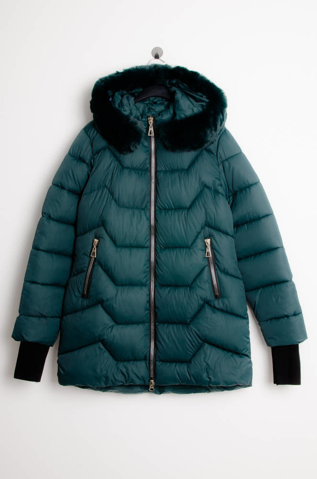ZIELONA MATOWA KURTKA Z FUTERKIEM PRZY KAPTURZE 