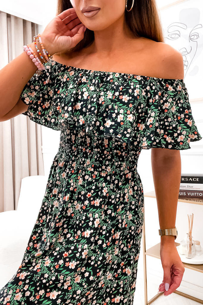 SUKIENKA MIDI W KWIATY HISZPANKA- CZARNA