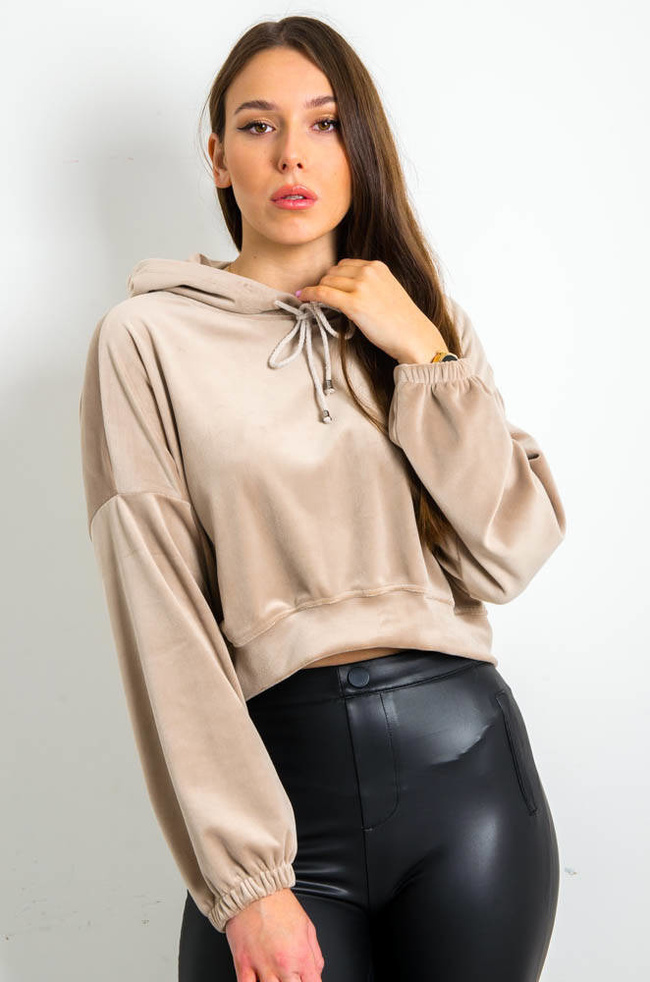 BEŻOWA WELUROWA BLUZA Z KAPTUREM -LUŹNY KRÓJ