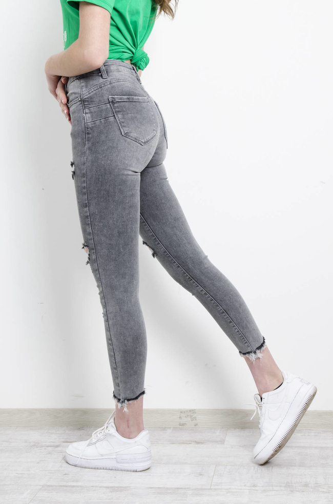 SPODNIE JEANSOWE SZARE PUSH UP Z DZIURAMI