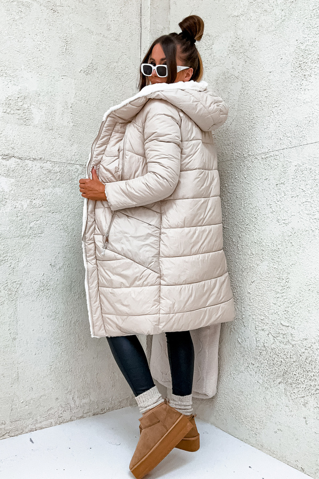 DŁUGA DWUSTRONNA KURTKA Z FUTERKIEM- BEŻOWY