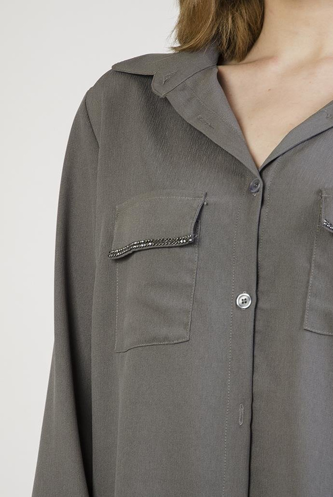 Szara koszula z cyrkoniami przy kieszonce