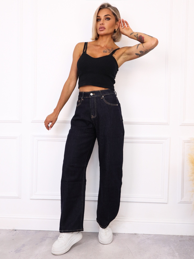 SPODNIE JEANSOWE BALLOON FIT Z OZDOBNYM SZYCIEM NA NOGAWCE-GRANATOWE