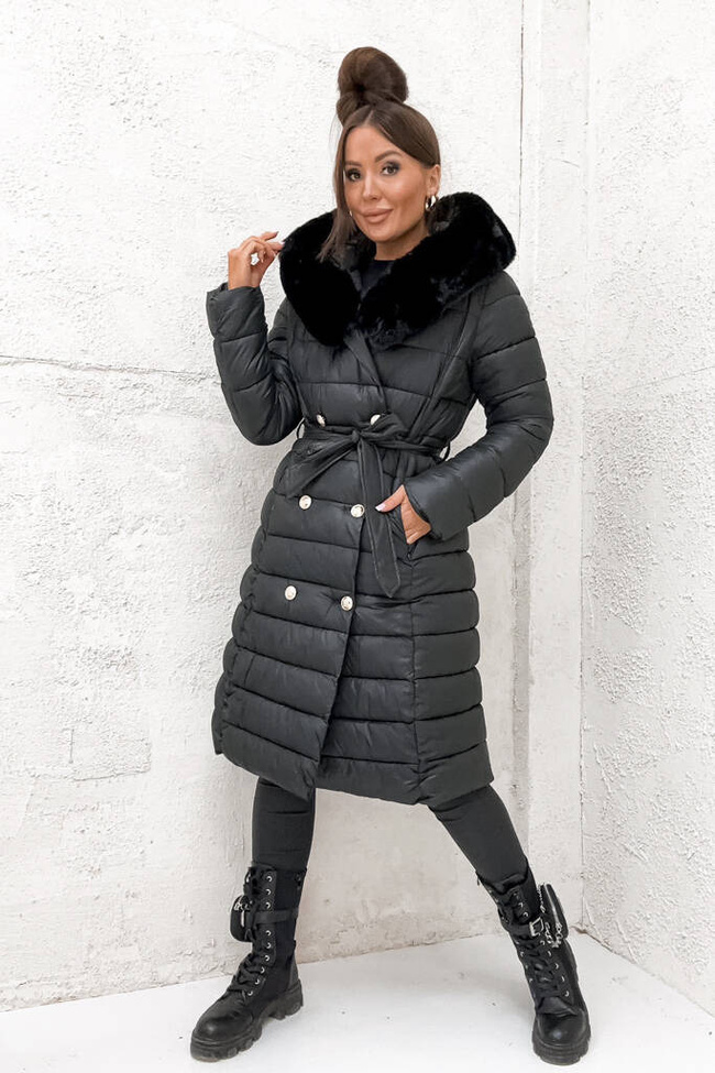 PIKOWANY PŁASZCZ ZE ZŁOTYMI GUZIKAMI I PASKIEM- CZARNY