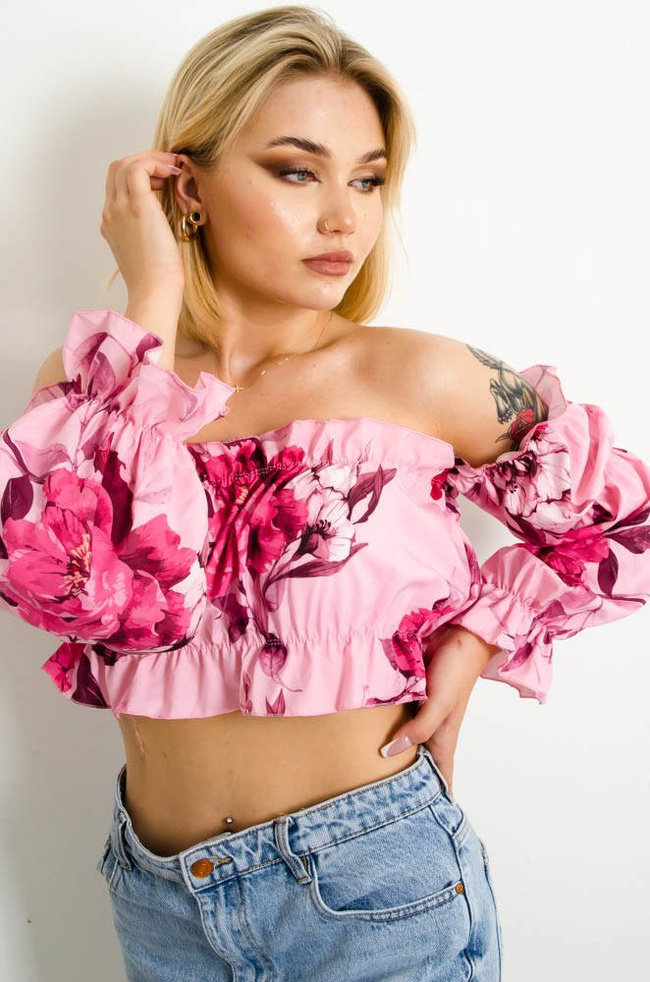 RÓŻOWA HISZPANKA CROP TOP W KWIATY