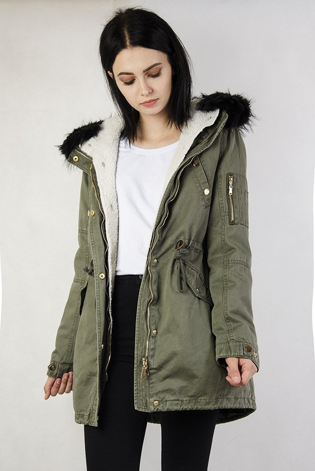 Khaki kurtka parka z czarnym futerkiem