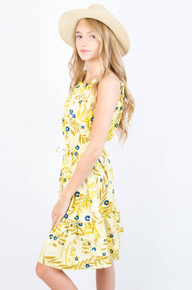 WZORZYSTA SUKIENKA WIĄZANA W PASIE - ŻÓŁTA