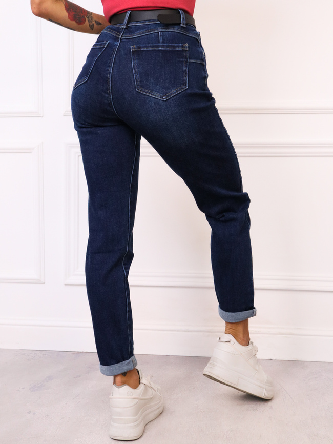  SPODNIE JEANSOWE MOM FIT Z PRZESZYCIAMI PRZY KIESZENIACH I NASZYWKĄ PUSH UP+ PASEK 