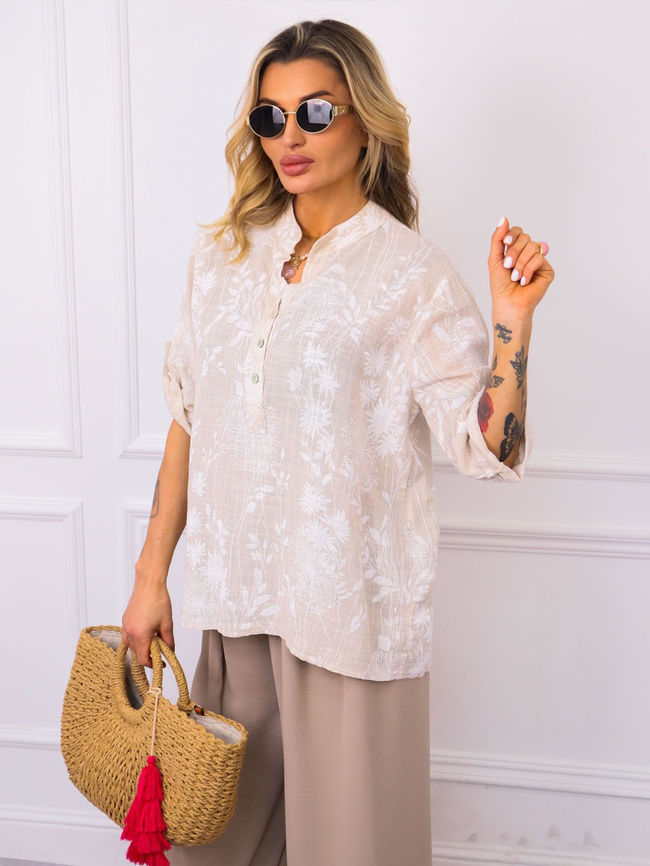 BLUZKA KOSZULOWA W KWIECISTE WZORY- BEŻOWA