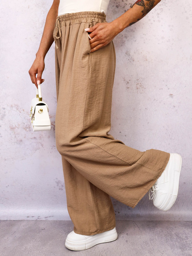 SPODNIE MATERIAŁOWE Z SZEROKIMI NOGAWKAMI- JASNOBRĄZOWE