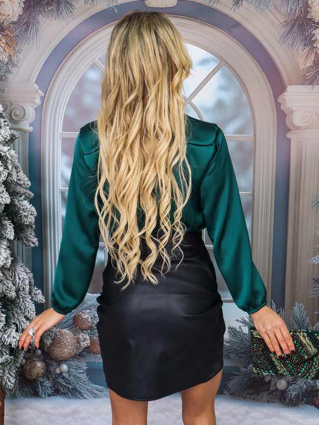 SATYNOWA BLUZKA Z OZDOBNYM WIĄZANIEM PRZY SZYI- BUTELKOWA ZIELEŃ