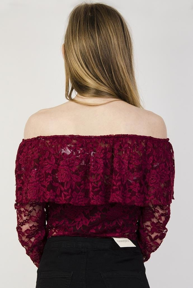 Koronkowe bordowe body z hiszpańskim dekoltem