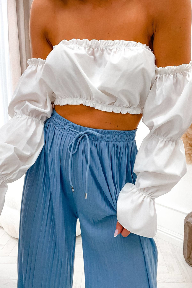 NIEBIESKIE SPODNIE Z SZEROKIMI PLISOWANYMI NOGAWKAMI-WYSOKI STAN