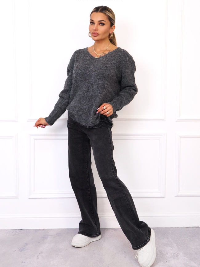 SWETER OVERSIZE Z DEKOLTEM W SEREK- CIEMNOSZARY