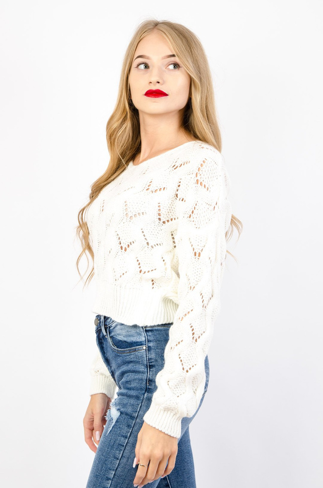 KRÓTKI SWETER W KOLORZE ECRU Z DEKOLTEM W SEREK