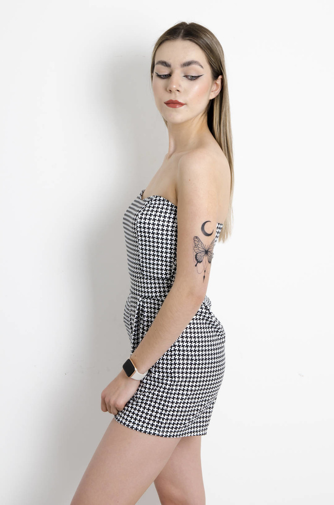 KOMBINEZON GORSETOWY  W PEPITKĘ- CZARNY