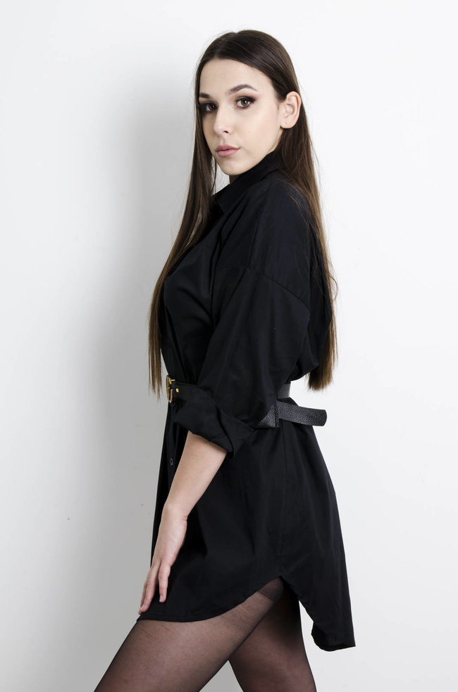 KOSZULA DŁUGA Z PASKIEM I SASZETKĄ- CZARNA