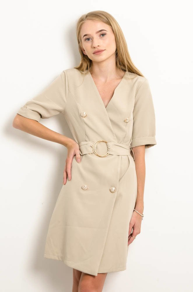 ELEGANCKA GARNITUROWA SUKIENKA Z OZDOBNYMI GUZIAKMI SZMIZJERKA -BEŻOWA