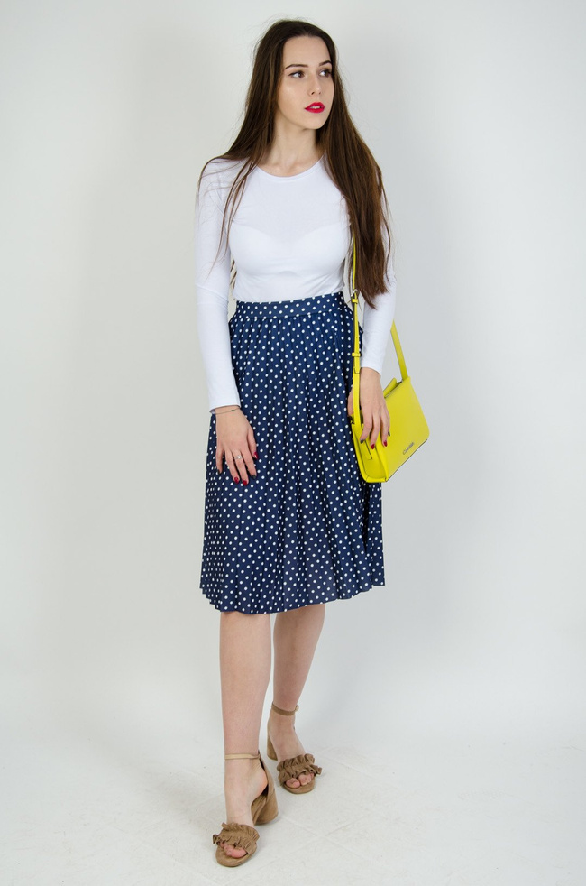 Granatowa plisowana spódnica w białe grochy