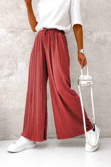 CEGLANE SPODNIE Z SZEROKIMI PLISOWANYMI NOGAWKAMI-WYSOKI STAN